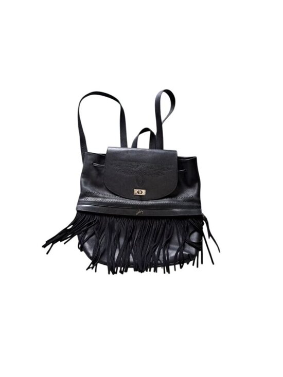 Valez Black Fringe Leather Backpack Embroidered Flap  Turn-Lock Closure Large main image 5